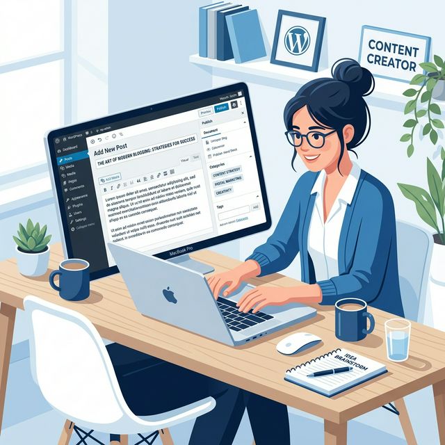Content creator writing a WordPress blog on a laptop demonstrating setup