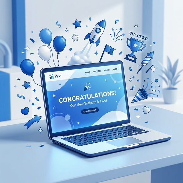 Step 3: Successfully launching a new WordPress dashboard and website on a laptop screen with celebration graphics